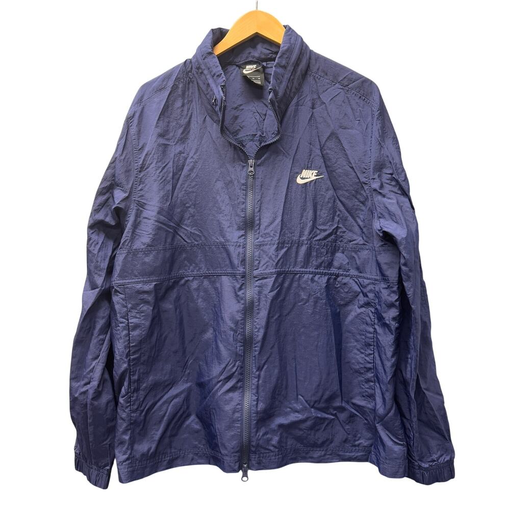 Nike‎ Track Jacket Mens XL Blue Full Zip Windbreaker Nylon Hidden Hood + Pockets